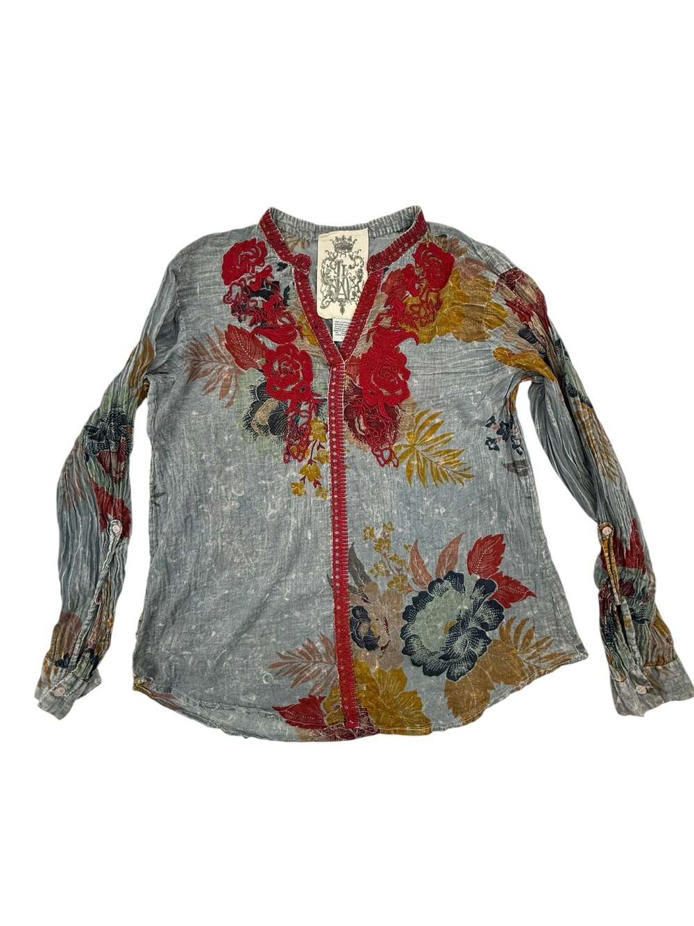 Johnny Was JAK Blue Floral Embroidered Cotton Tunic Top Size Large